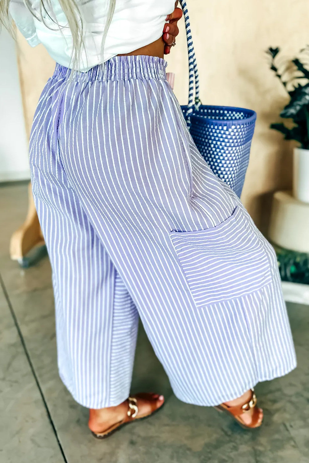 Purple Stripe Contrast Ribbon Bow Knot Elastic Waist Loose Pants - PREORDER