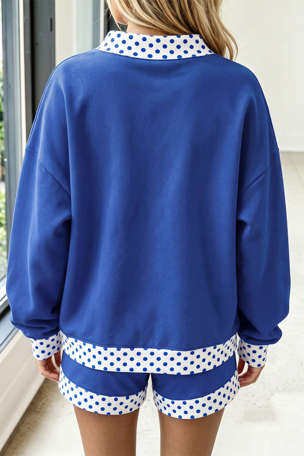 Dark Blue Polka Dot/ Gingham Trim Baggy Pullover 2pcs Short Set - PREORDER