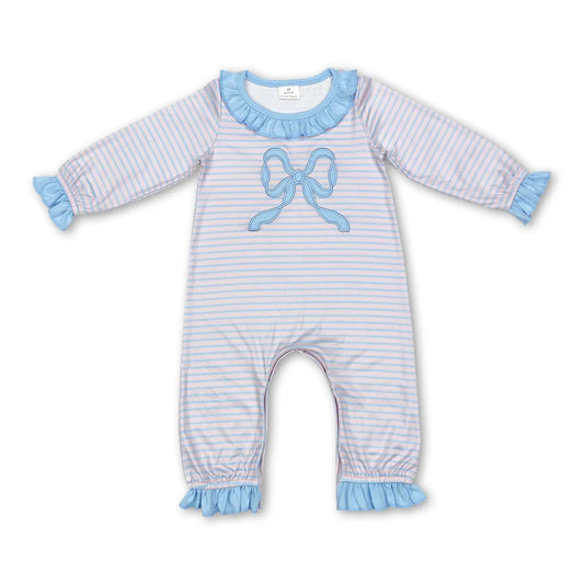 Ruffle Long Sleeves Light Blue Bow Stripe Baby Girls Romper