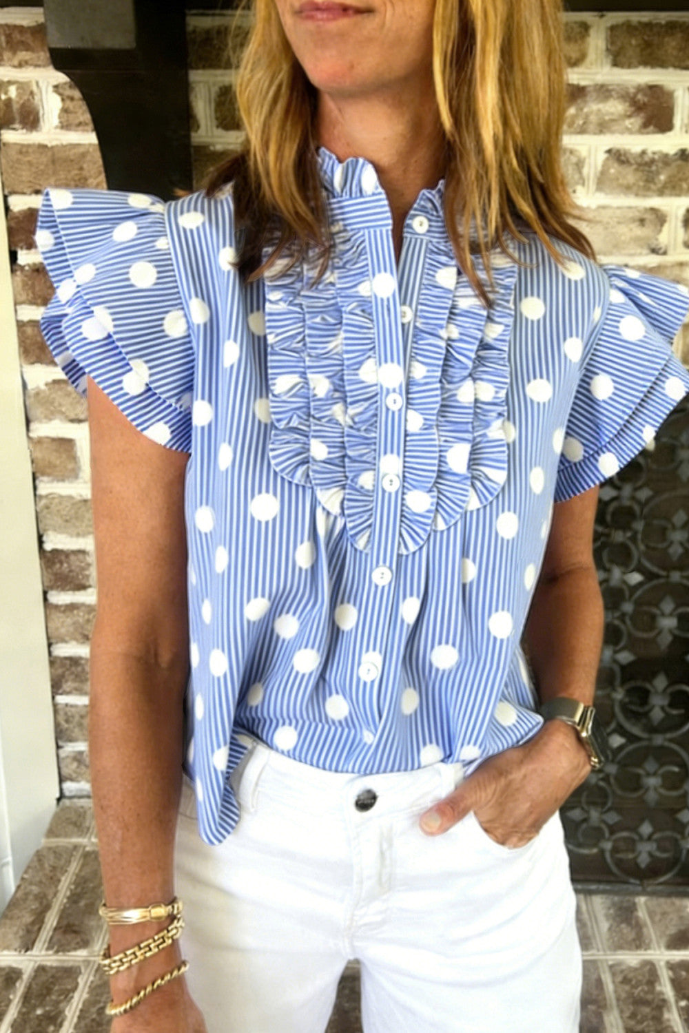 Sky Blue Stripe Contrast Polka Dot Print Pleated Ruffle Sleeve Shirt - PREORDER