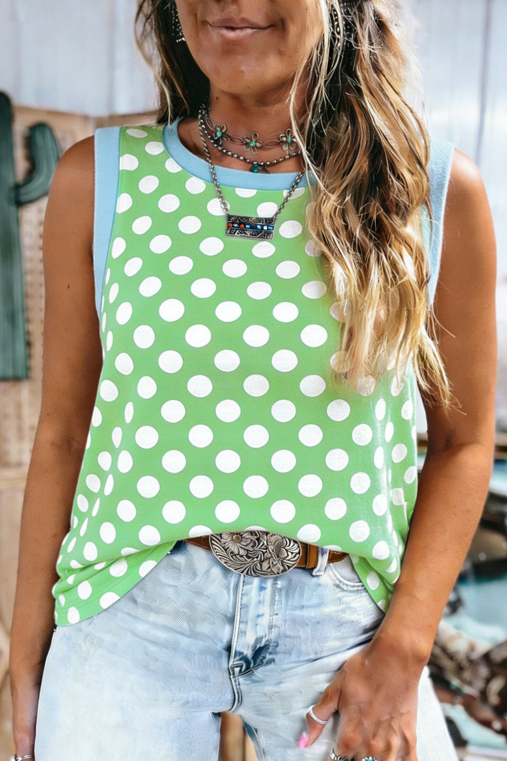 Green Polka Dot Contrast Trim Round Neck Loose Tank Top - PREORDER