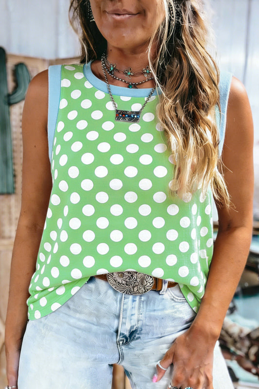 Green Polka Dot Contrast Trim Round Neck Loose Tank Top - PREORDER