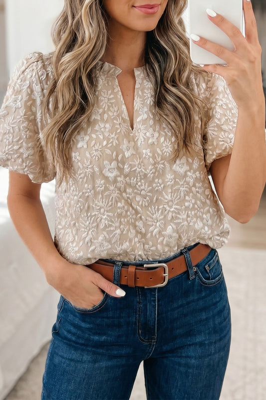 Beige Floral Textured Jacquard Puff Sleeve Blouse - PREORDER