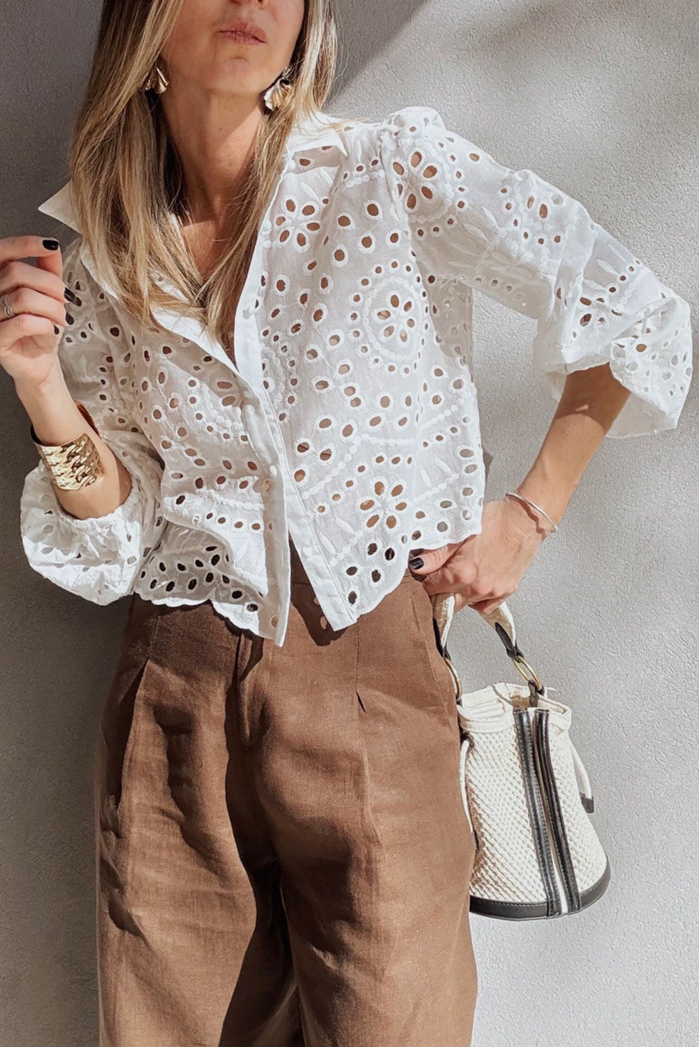 White Eyelet Embroidered Puff Sleeve Crop Shirt - PREORDER