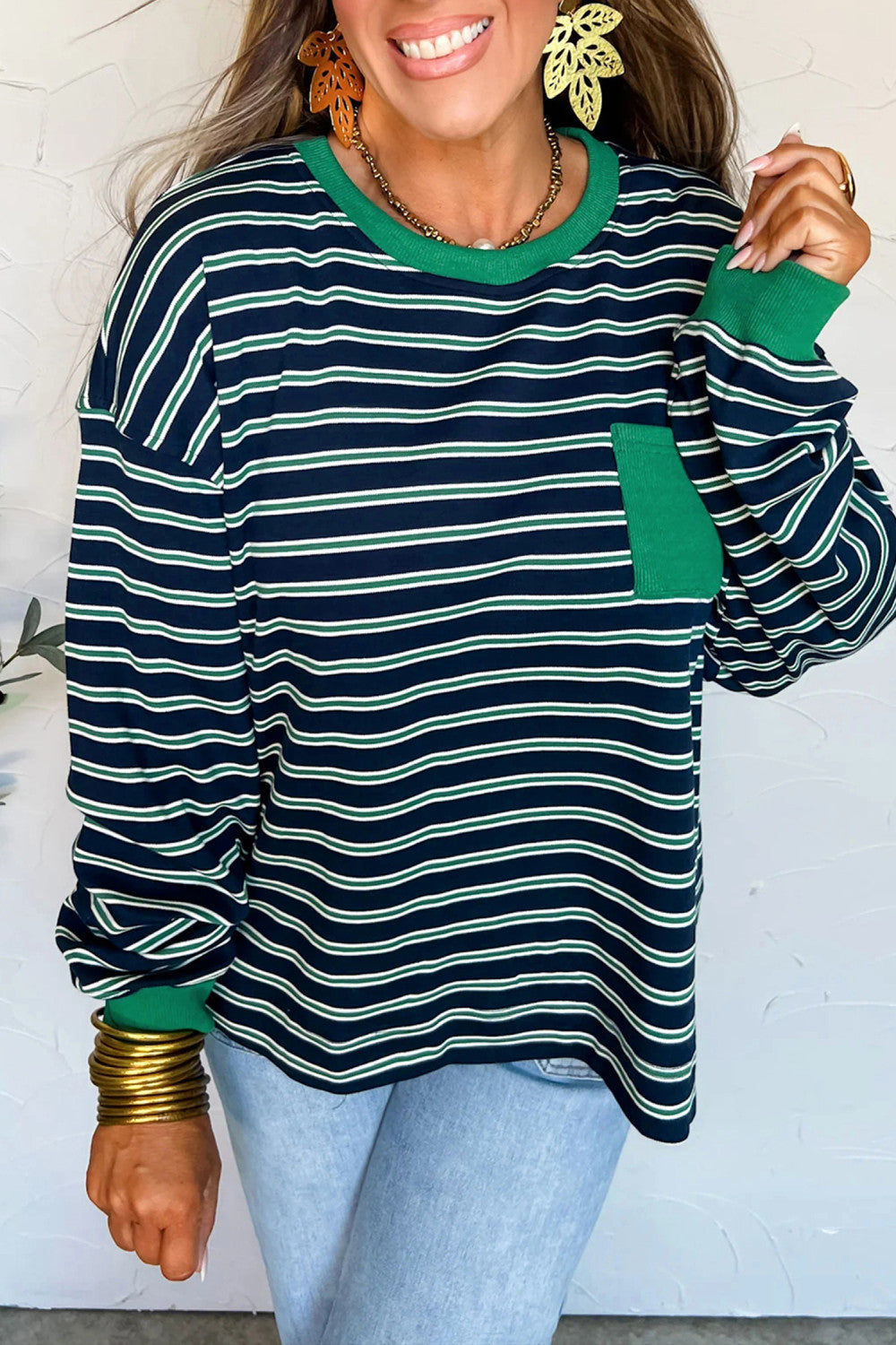 Green Stripe Ribbed Color Block Patchwork Crew Neck Patch Pocket Long Sleeve Top - PREORDER