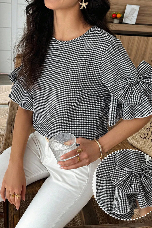Black Plaid Bow Ruffled Half Sleeve Round Neck Blouse - PREORDER