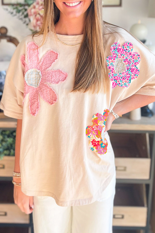 Apricot Flower Patched Exposed Trim Crew Neck Loose Tee