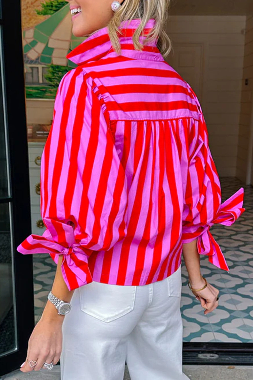 Red Stripe Tie Puff Sleeve Womens Button Down Shirt