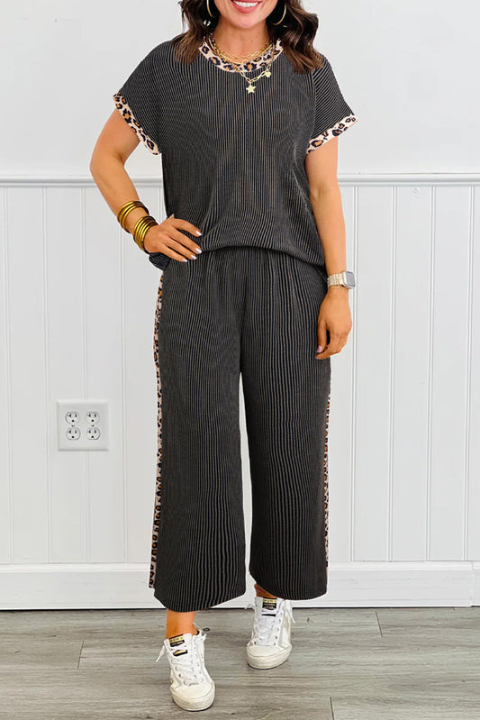Carbon Grey Leopard Patchwork Edge Twisted Rib Short Sleeve and Cropped Pants Set - PREORDER