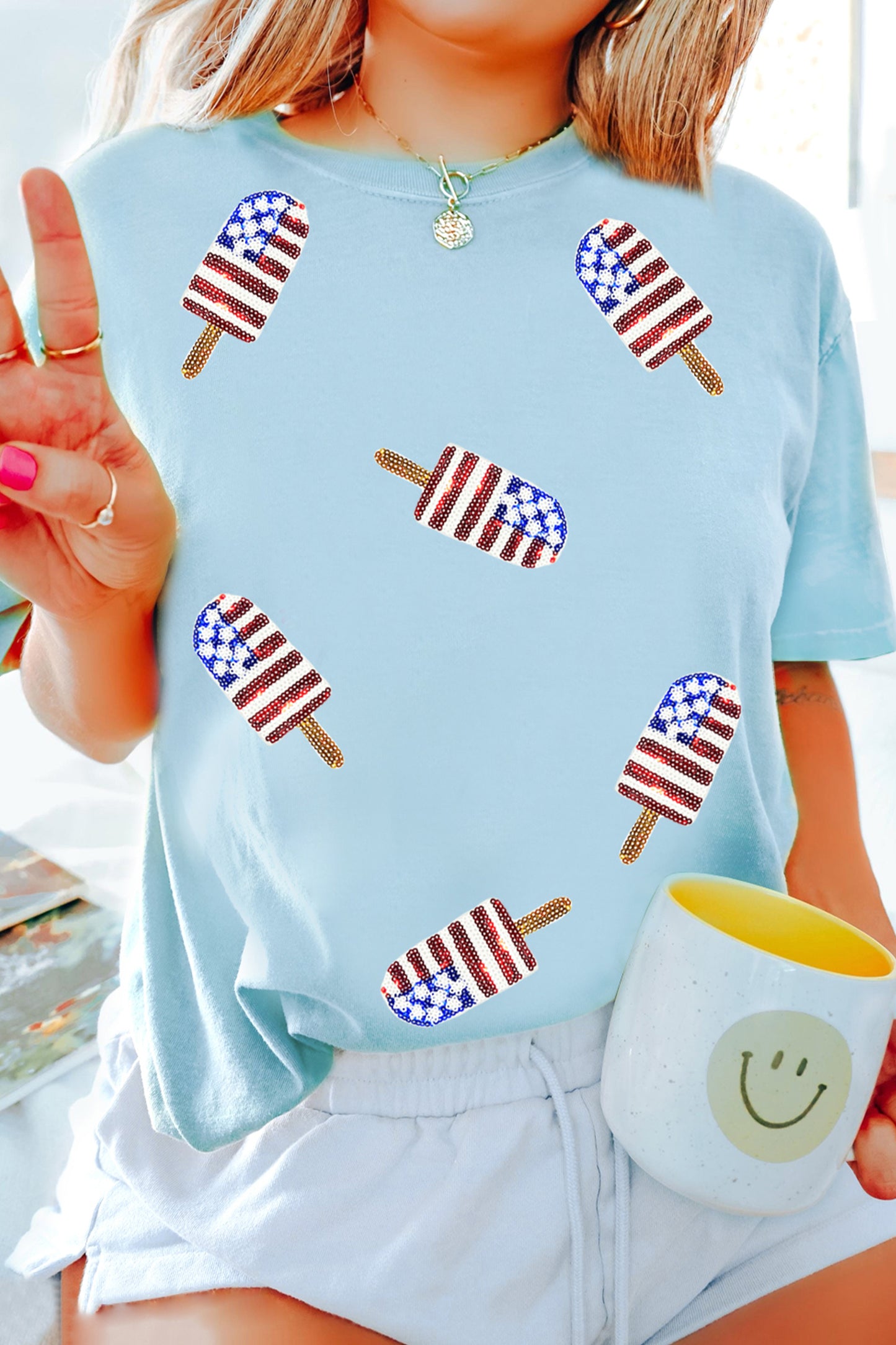 Light Blue Patriotic Sequin Popsicle T Shirt - PREORDER