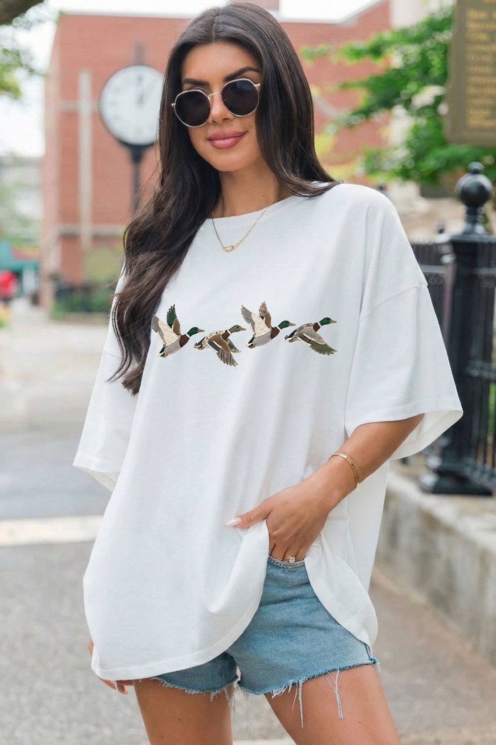White Flying Mallard Duck Graphic Cuffed Sleeve Oversized Tee - PREORDER