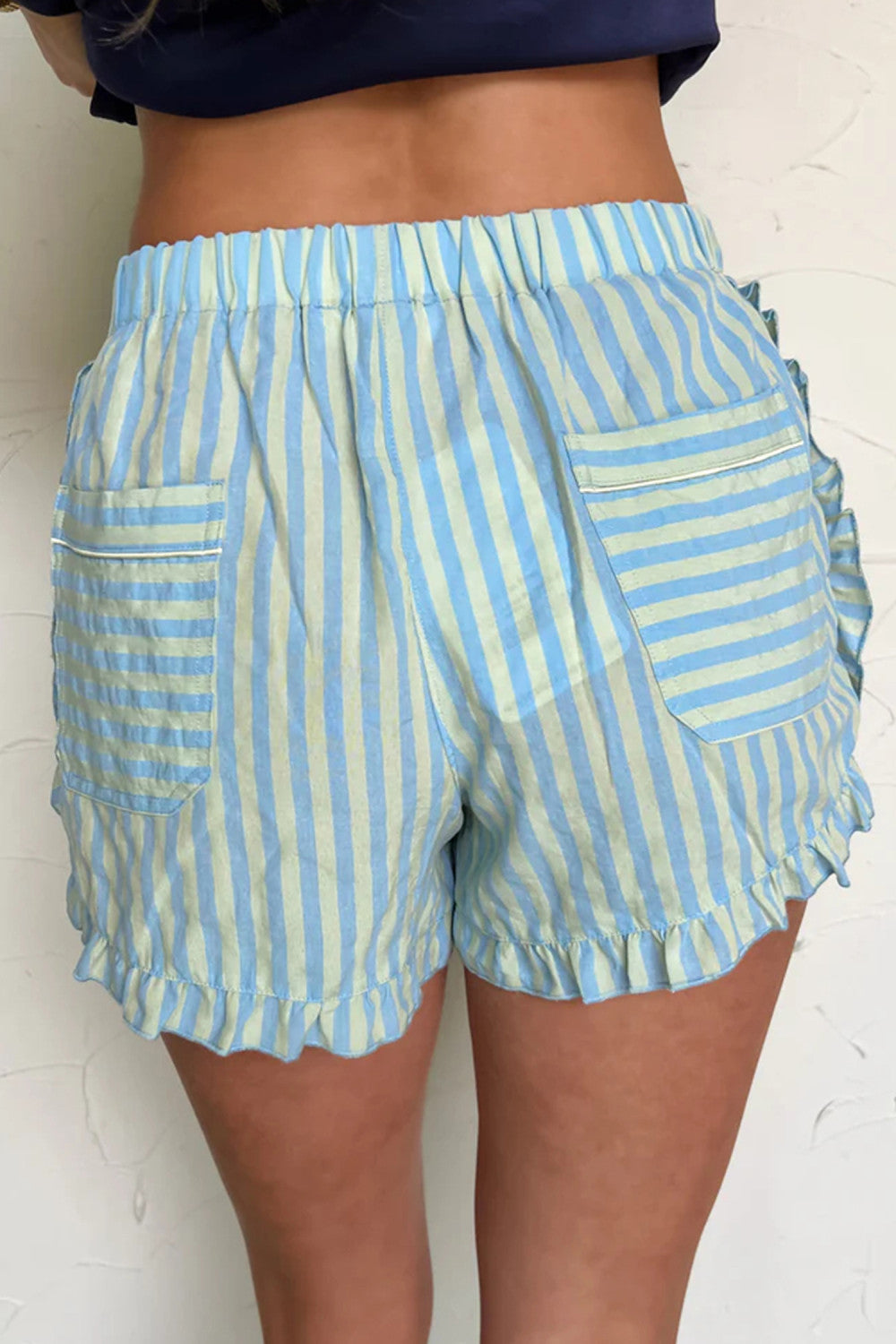 Sky Blue Stripe Elastic Waist Ruffle Trim Casual Shorts - PREORDER