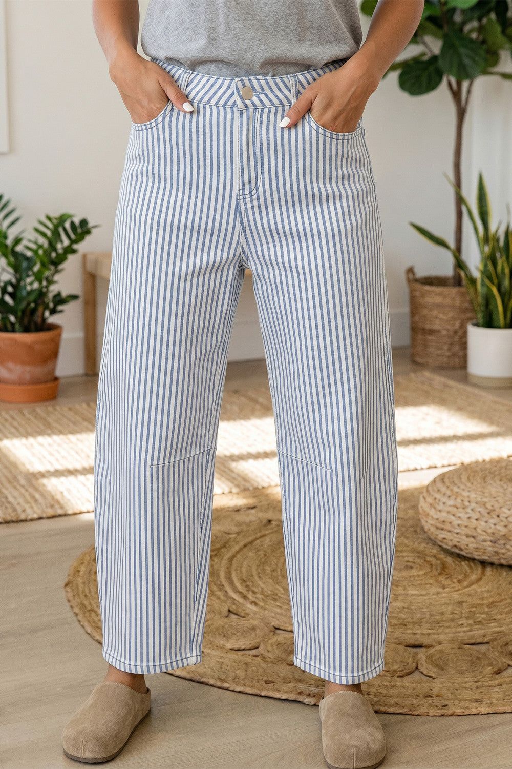 Sky Blue Stripe Casual Barrel Jeans - PREORDER