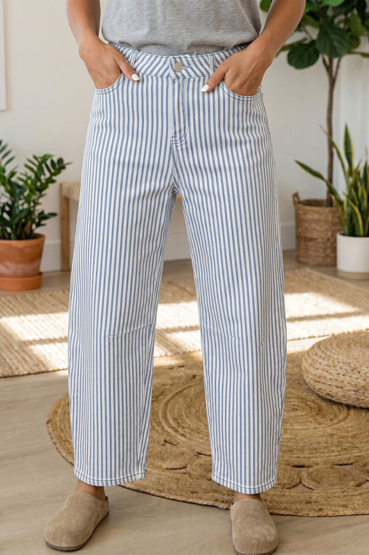 Sky Blue Stripe Casual Barrel Jeans - PREORDER