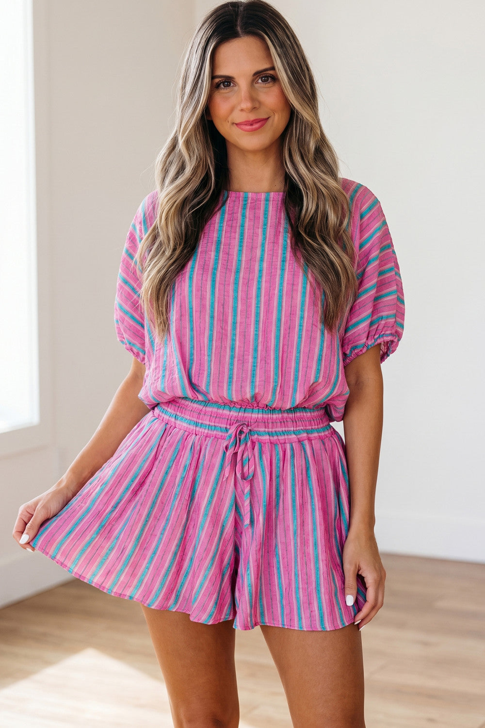 Pink Stripe Dolman Short Sleeve Blouse Drawstring Elastic Waist Loose Short Set - PREORDER