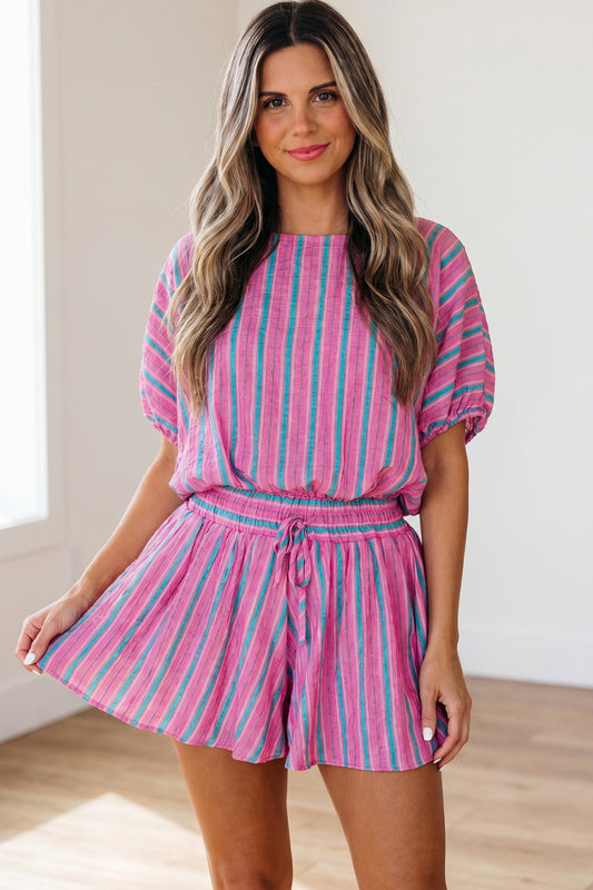 Pink Stripe Dolman Short Sleeve Blouse Drawstring Elastic Waist Loose Short Set - PREORDER