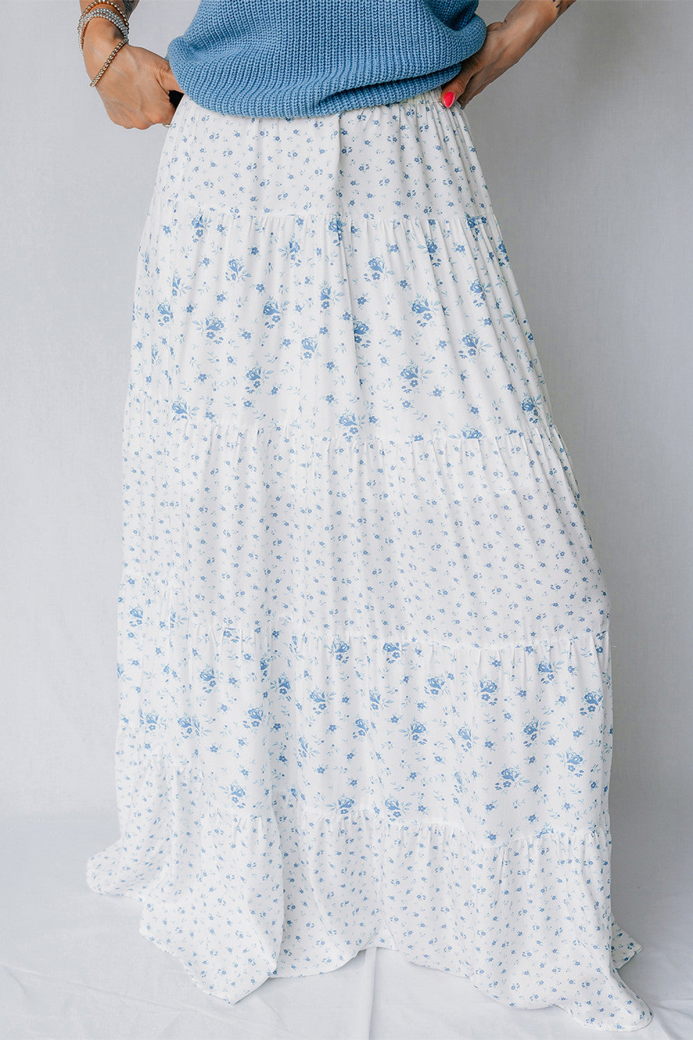 Sky Blue High Waist Tiny Floral Print Boho Maxi Skirt - PREORDER