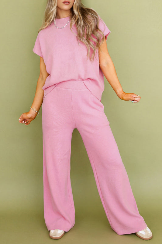 Pink Textured Knit High Neck Loose Tee Elastic Waist Loose Pant Set - PREORDER