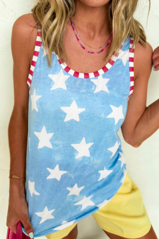 Sky Blue Tie Dye Star Print Striped Trim Round Neck Casual Tank Top - PREORDER