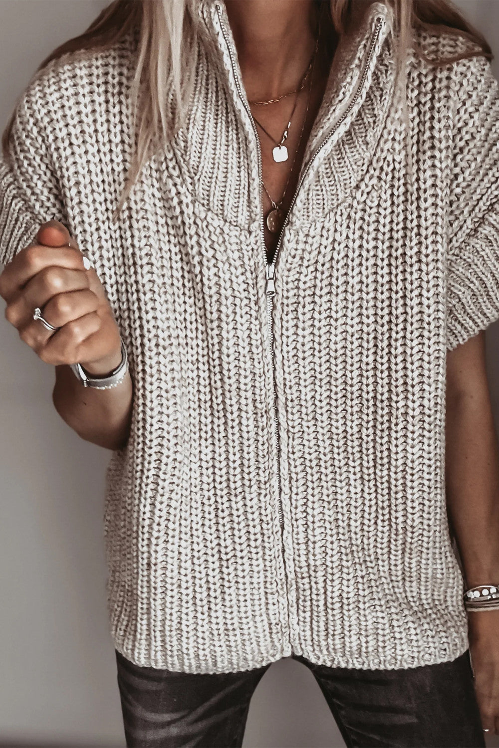 Taupe Short Sleeve Zipper Knit Sweater Casual High Neck Regular Fit Open Front Cardigan - PREORDER