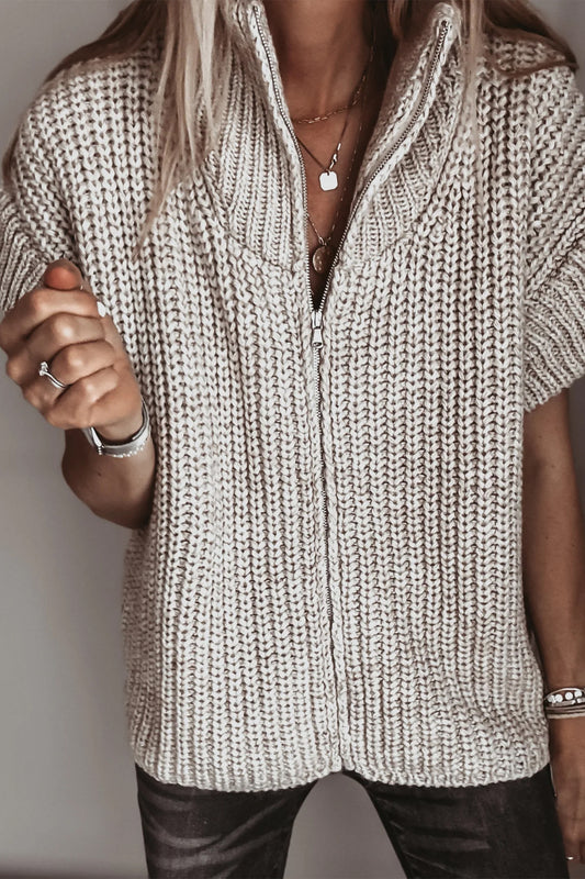 Jet Stream Short Sleeve Zipper Knit Sweater Casual High Neck Regular Fit Open Front Cardigan - PREORDER