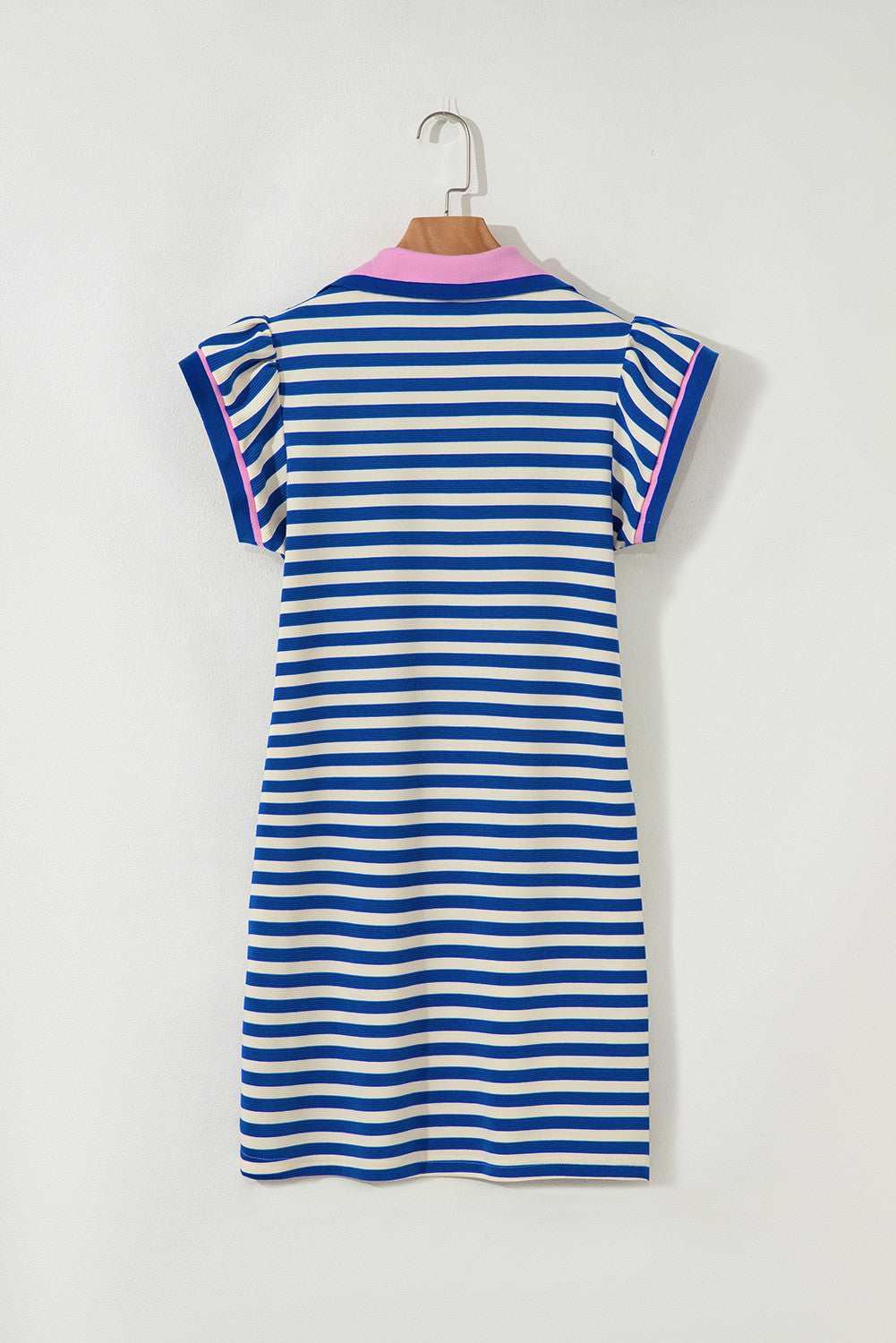 Dark Blue Stripe Print Contrast Collar Split Neck Flutter Sleeve Short Dress