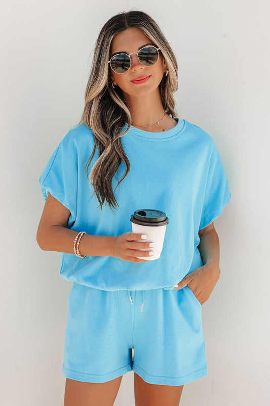 Light Blue Solid Color Puffy Loose Top Drawstring Shorts 2pcs Outfit - PREORDER