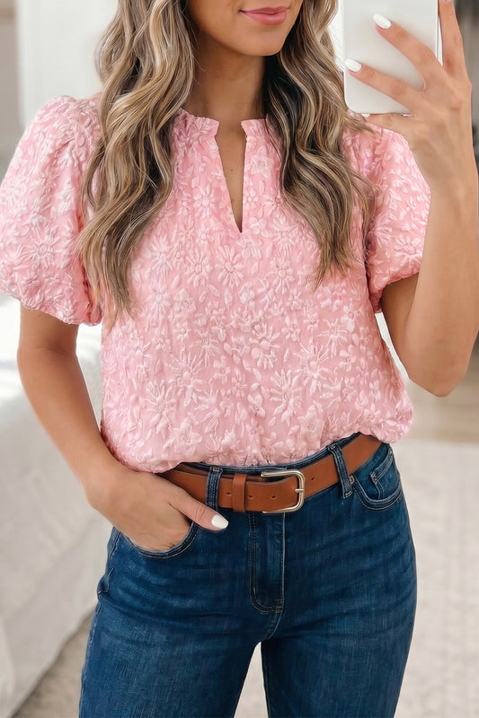 Pink Floral Textured Jacquard Puff Sleeve Blouse - PREORER