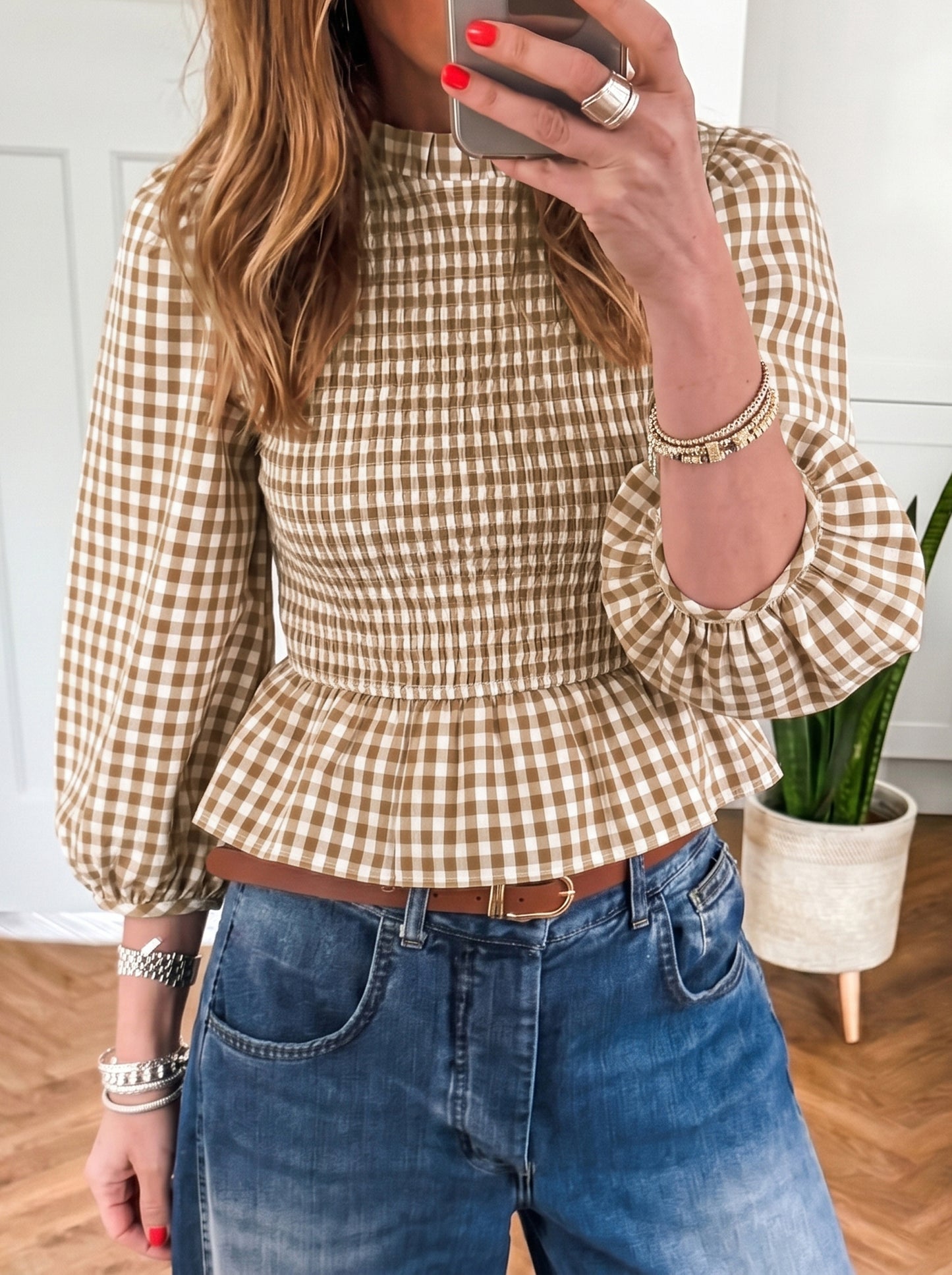 Brown 3/4 Sleeve Shirred Plaid Peplum Top - PREORDER