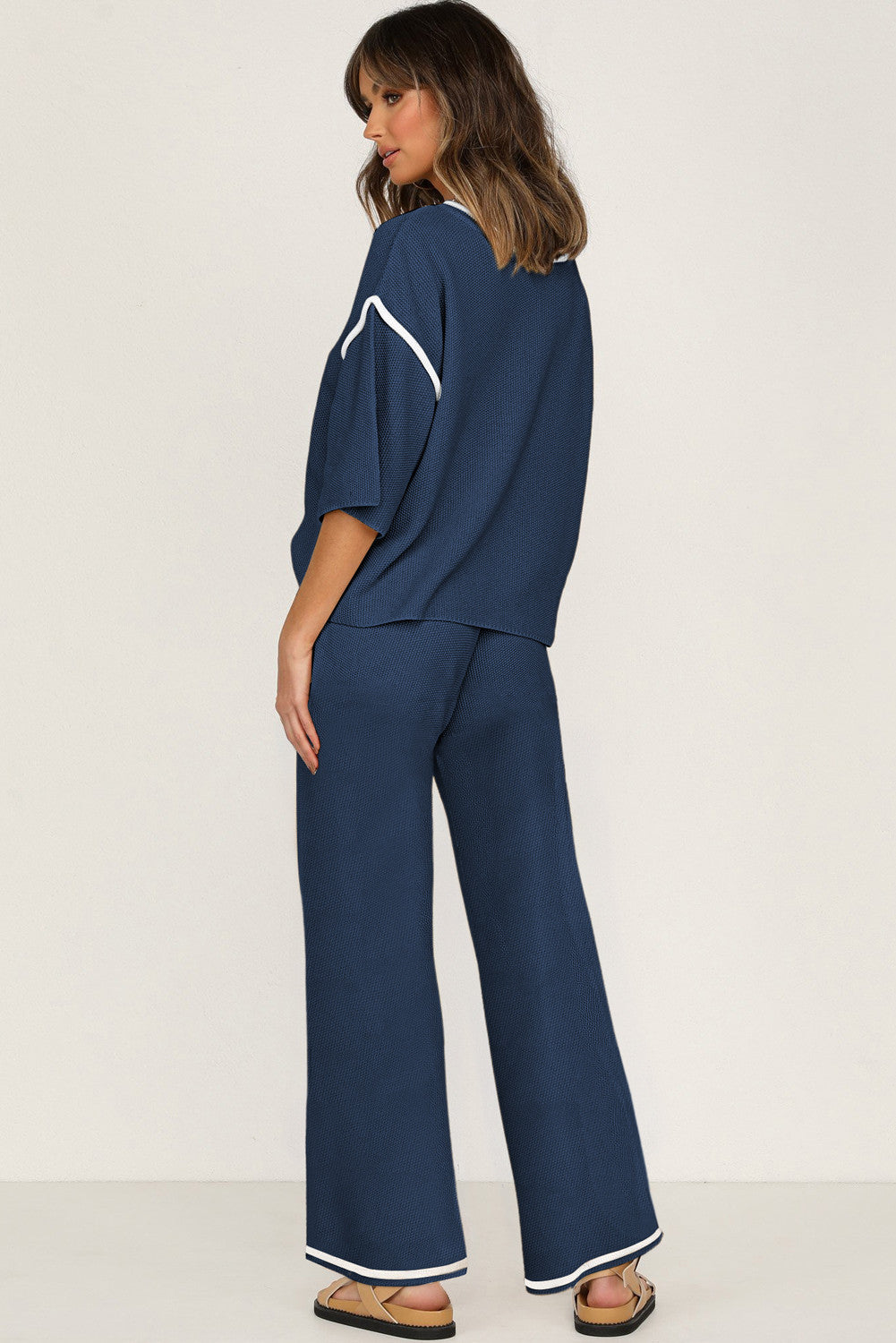 Navy Blue Contrast Trim Half Sleeve Top Drawstring Pants Loose 2pcs Sweater Suit - PREORDER