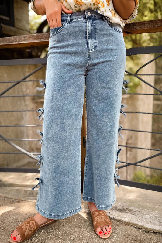 Beau Blue Bow Knot Side Detail Straight Leg Loose Jeans - PREORDER