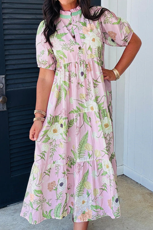 Pink Floral Print Short Puff Sleeve High Waist Tiered Maxi Dress - PREORDER