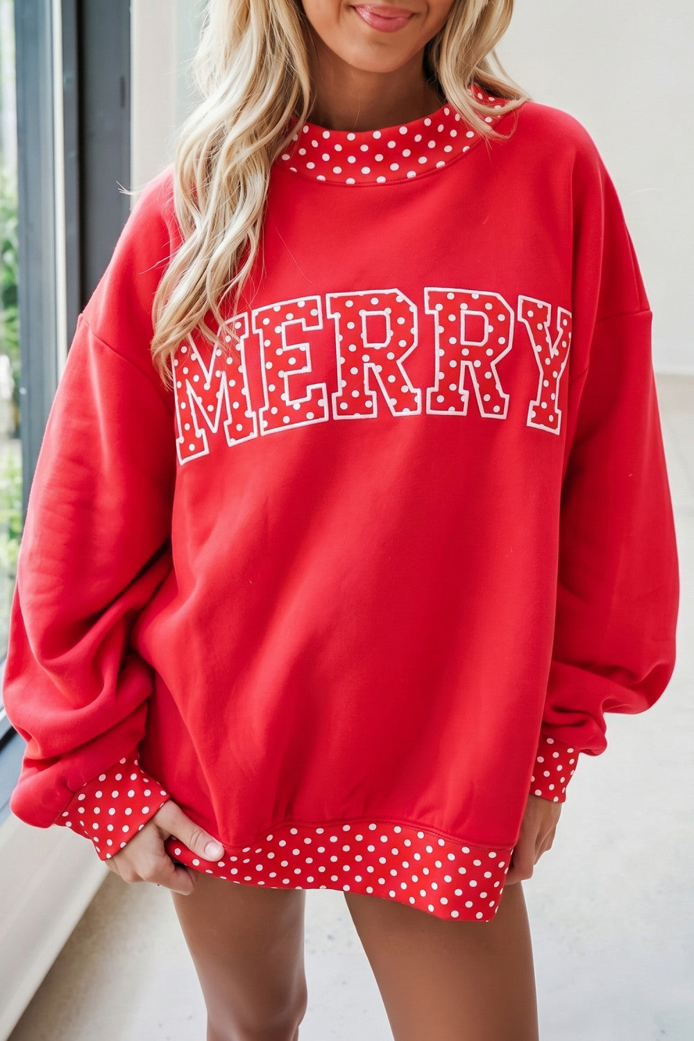 Merry Red Polka Dot Letter Print Contrast Trim Mock Neck Sweatshirt - PREORDER
