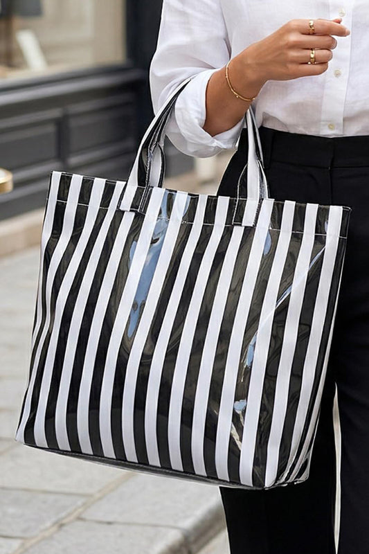 Black Glossy Striped Large Tote Bag - PREORDER