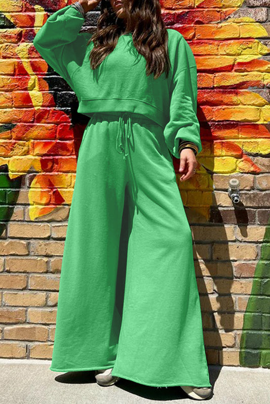Bright Green Drop Shoulder Puff Sleeve Crop Pullover Drawstring Wide Leg Pants Set - PREORDER