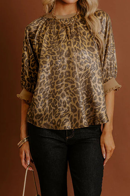 Gold Half Sleeve Metallic Leopard Print Blouse - PREORDER