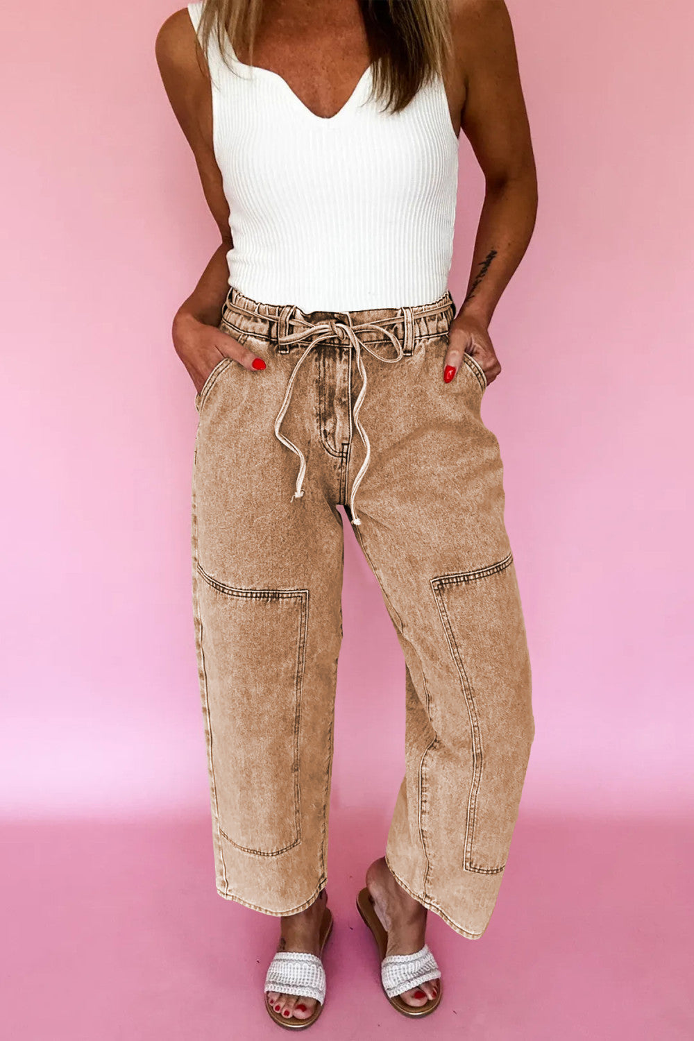 Brown Acid Wash Barrel Fit Denim Pants with Waist Strings - PREORDER