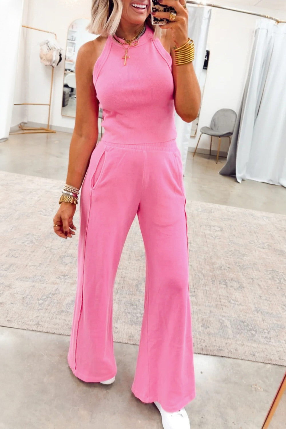 Sachet Pink Slim Ribbed Tank Top and Sweatpants Set - PREORDER
