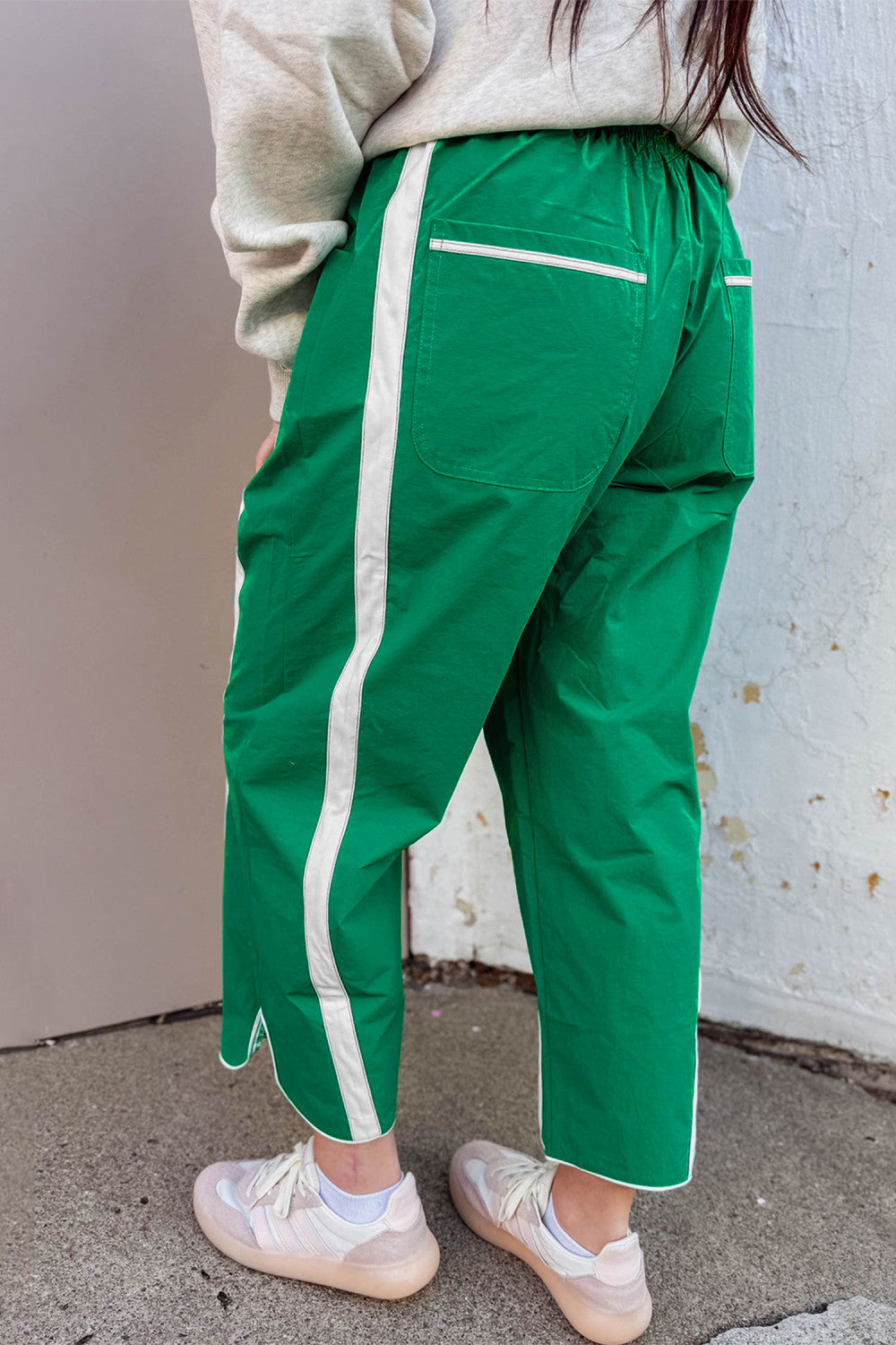 Bright Green Contrast Striped Smocked Waist Drawstring Cropped Casual Pants - PREORDER