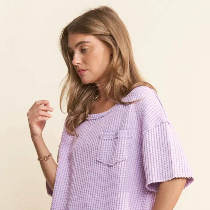 Lilac Mineral Washed Waffle Knit Short Sleeve Top