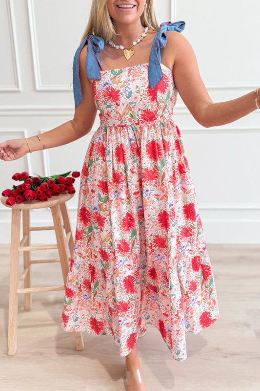 Red Floral Print Contrast Stitched Knot Denim Straps High Waist Dress - PREORDER
