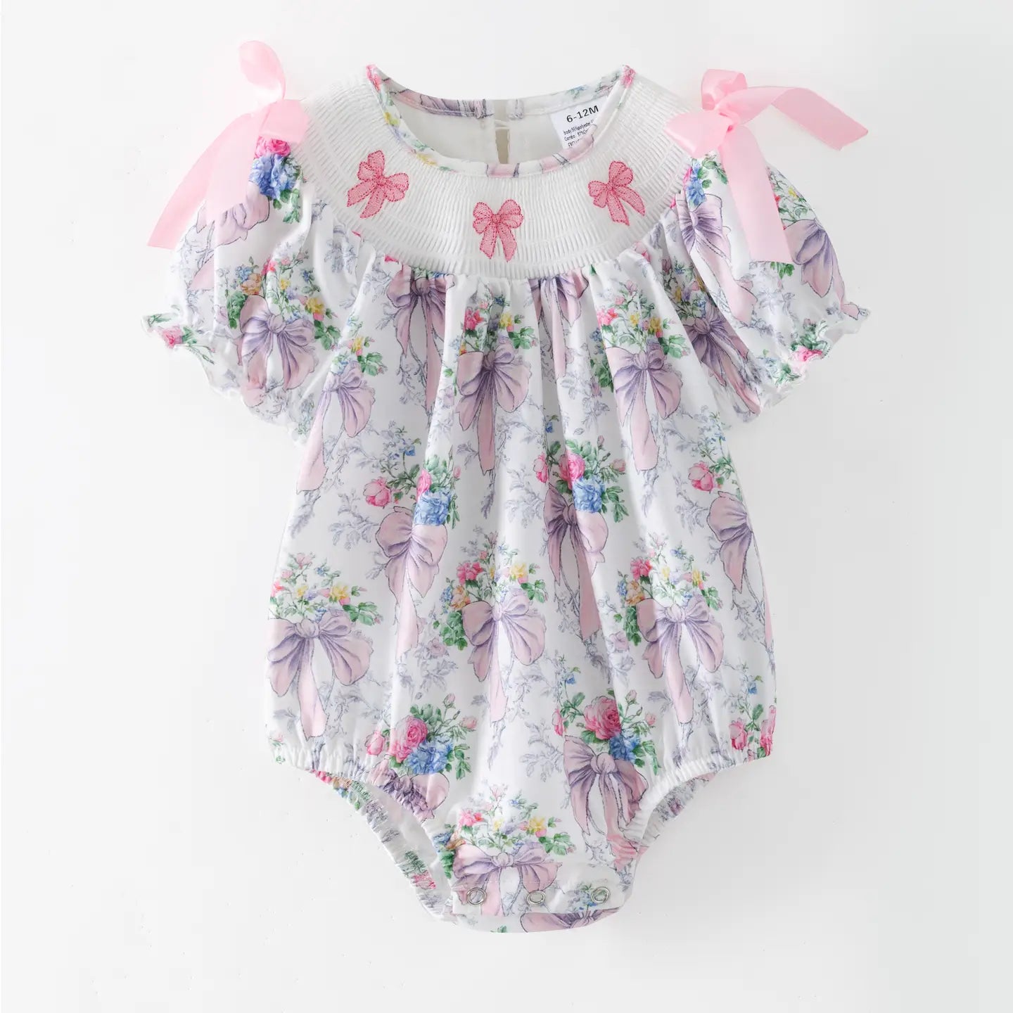 Spring Summer Pink Bow Floral Smock Embroidery Romper - PREORDER