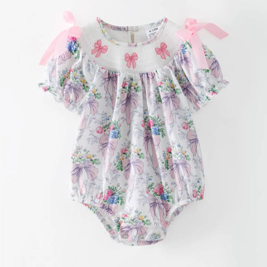 Spring Summer Pink Bow Floral Smock Embroidery Romper - PREORDER