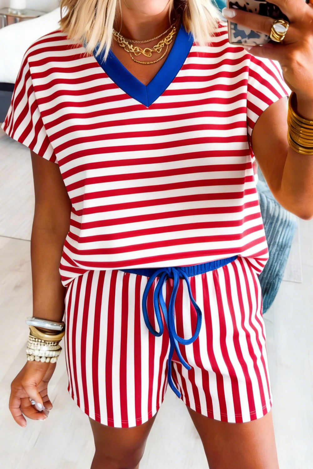 Red Stripe Colorblock Trim V Neck Tee Drawstring Elastic Waist Short Set - PREORDER