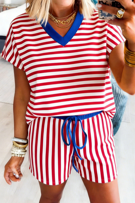 Red Stripe Colorblock Trim V Neck Tee Drawstring Elastic Waist Short Set - PREORDER