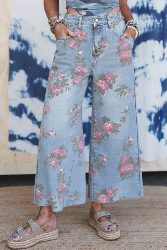 Sky Blue Garden Floral Print Bootcut Jeans - PREORDER
