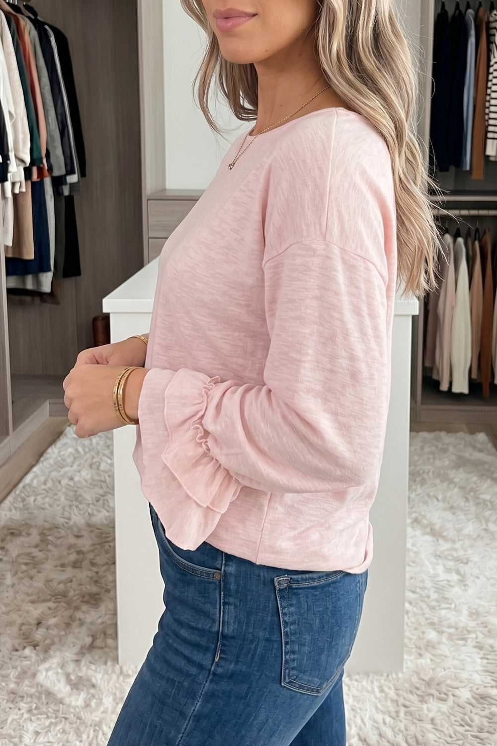 Pink Ruffle Sleeve Long Sleeve Loose Pullover Top - PREORDER