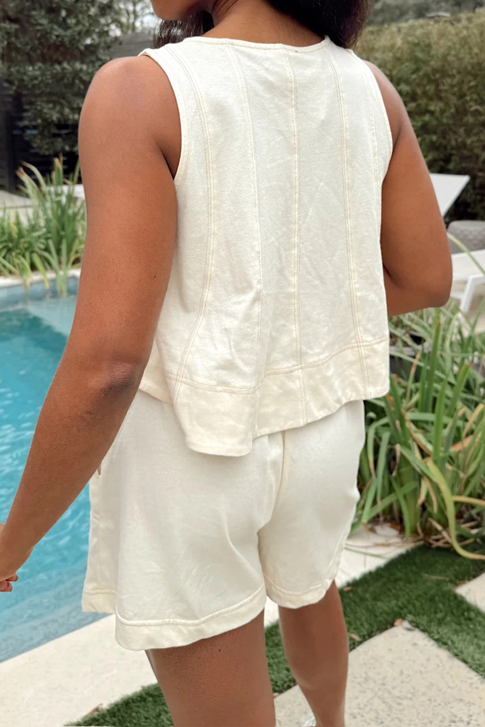 Beige Stitched Detail Loose Tank Top 2pcs Short Set 100% Cotton - PREORDER