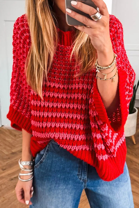 Red Stripe 3/4 Draped Sleeve Slouchy Sweater - PREORDER