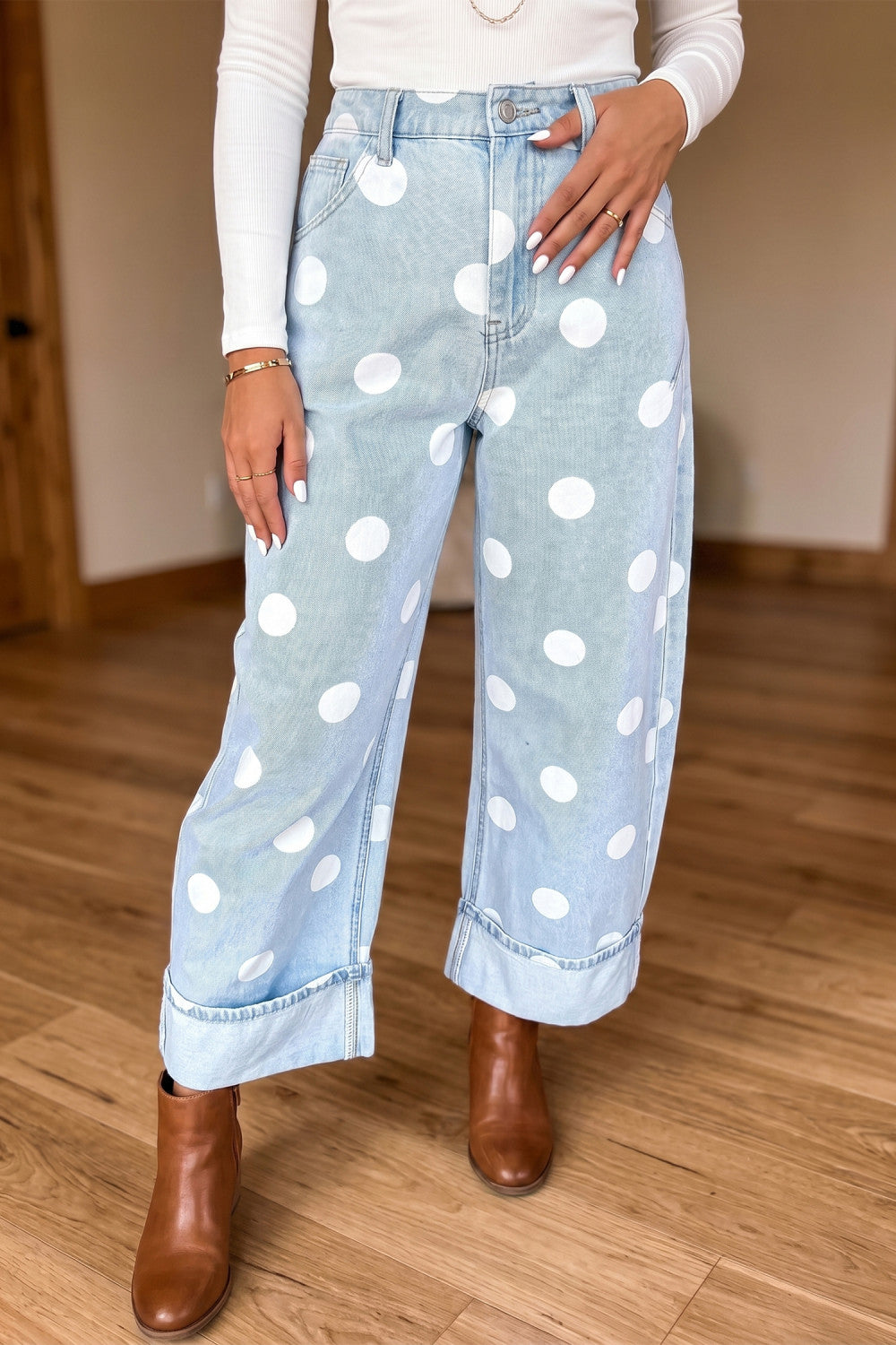 Sky Blue Polka Dot Ankle-Length Metal Button Casual Jeans - PREORDER